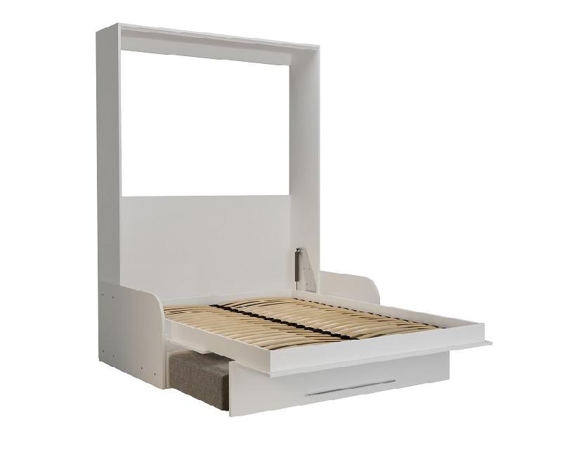 Armoire lit escamotable KOMPACT SOFA - Canapé avec accoudoirs et tiroirs - Blanc mat et tissu gris - Couchage 140x200 cm_2