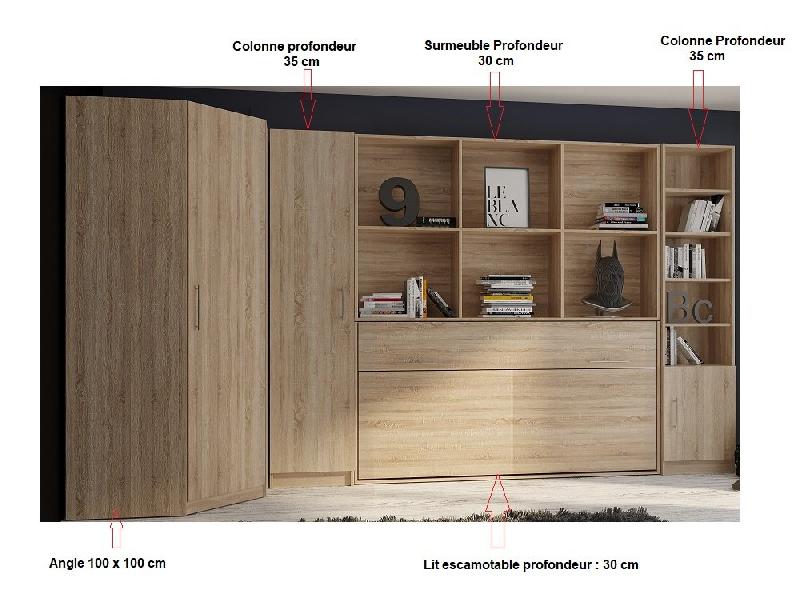 Composition angle lit escamotable Vertigo chêne naturel 411 x 100 cm - Couchage quotidien 90 x 200 cm avec rangements intégrés_2