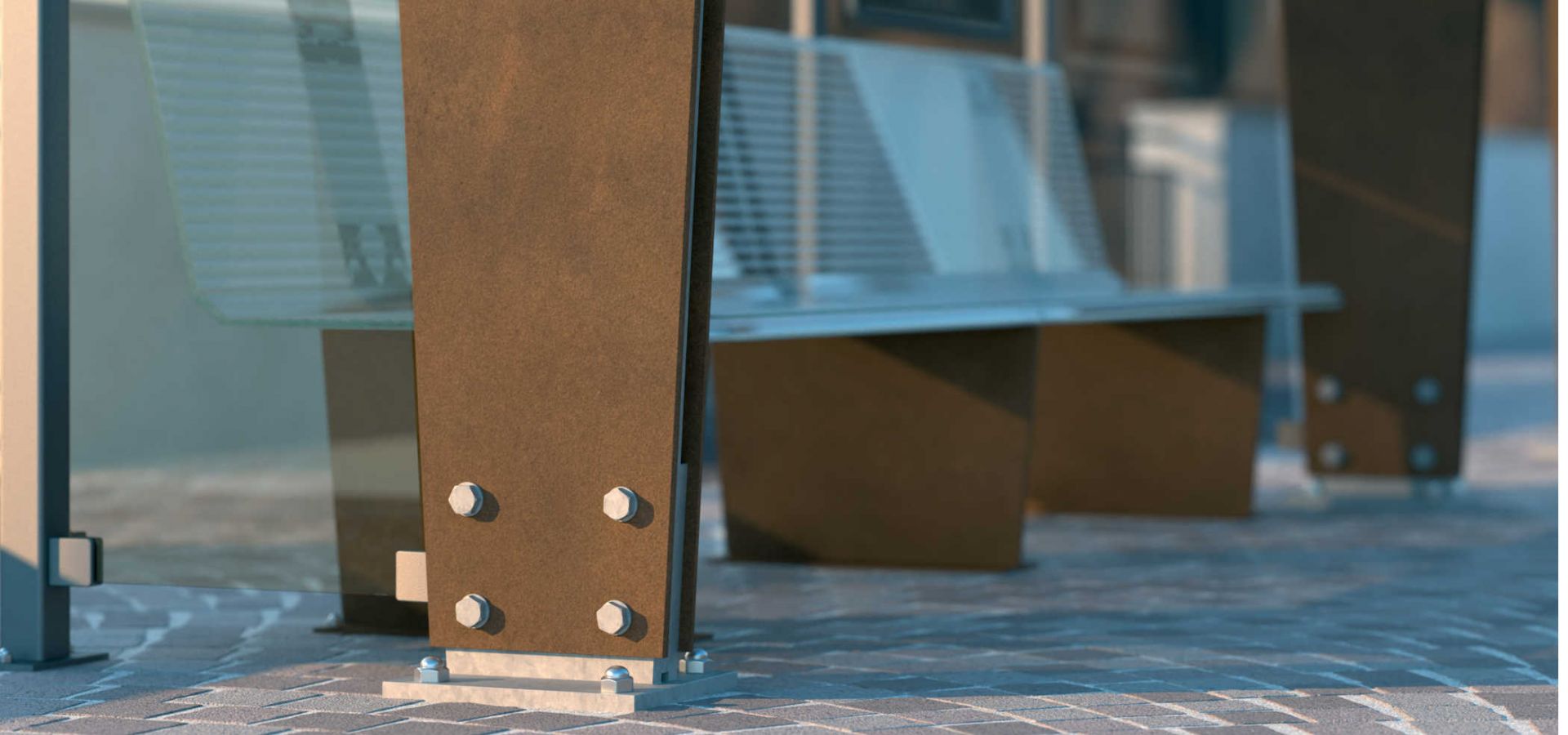 Abri bus omnibus / structure en acier / bardage en verre trempé / avec banquette / 370 x 175.5 cm_2