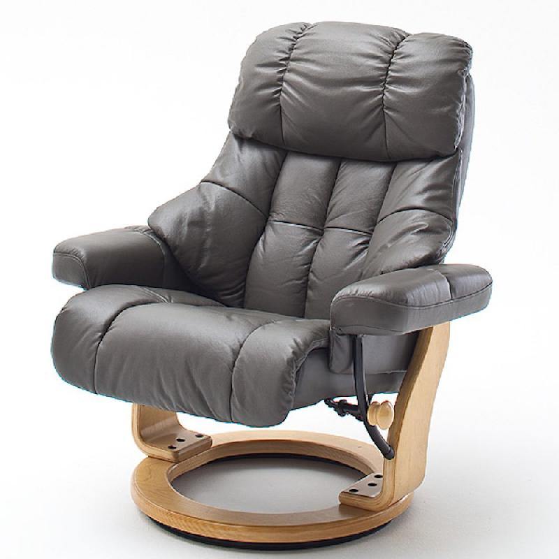 Fauteuil relax Clairac XL - assise en cuir marron nougat, pied en bois naturel avec repose-pied, inclinable 135° et rotation 360°_2