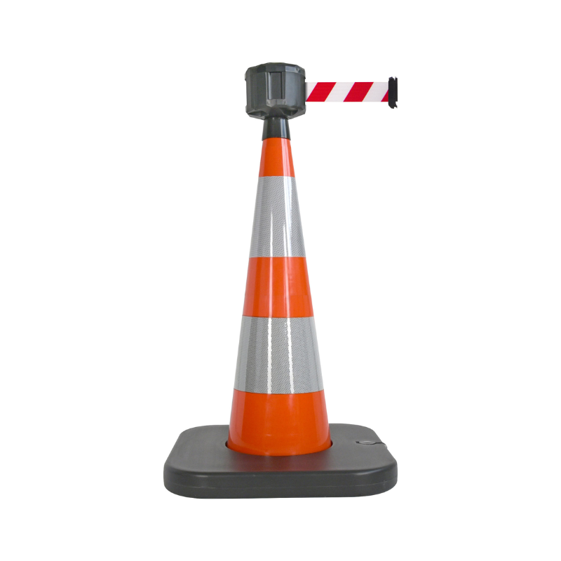Cône de balisage avec base à lester et sangle enrouleur 50mm largeur - Orange / Rouge/Blanc / 1100_2