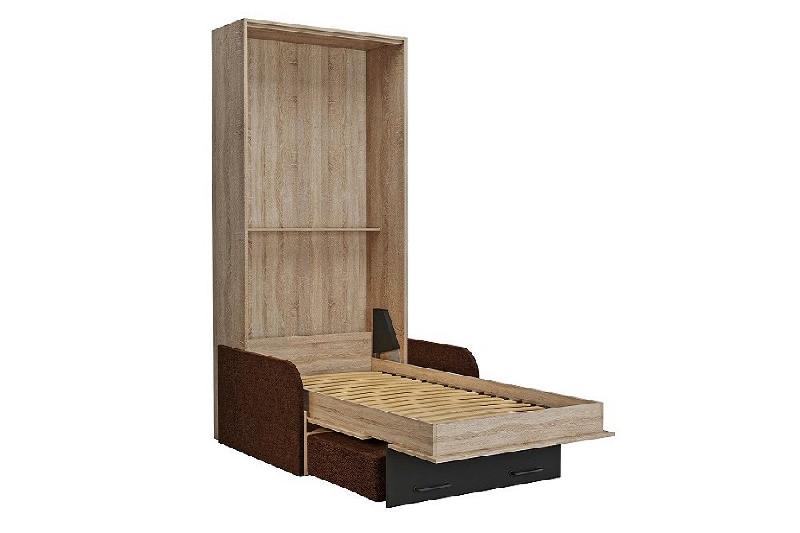 Lit escamotable style industriel KEY SOFA - canapé avec accoudoirs tissu marron, tiroirs de rangement, 90x200 cm_2