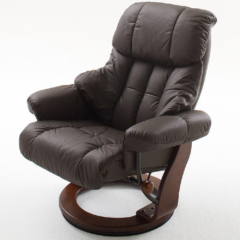 Fauteuil relax CLAIRAC - cuir marron, pieds en bois noyer, inclinable 135° avec repose-pied et rotation 360°_2