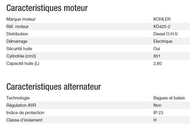 Groupe électrogène Diesel 15000 TA XL Export - Kohler - Puissance max 10 kW - 12,50 kVA - 400V_2