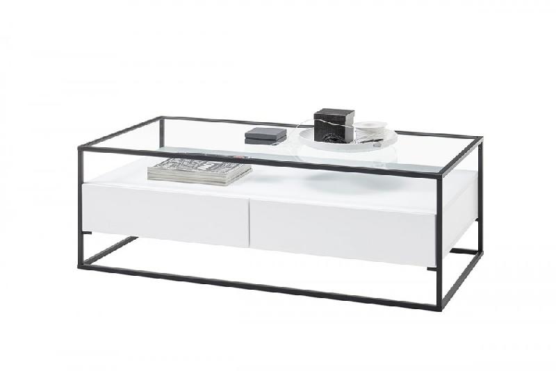 Table basse design Edmonton 120 cm - Blanc mat - Plateau verre trempé - Piètement acier époxy - 2 tiroirs_2