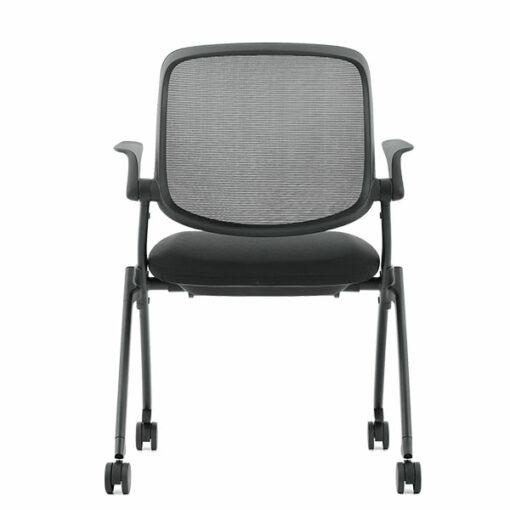 Fauteuil visiteur VISI - dossier en filet, assise rabattable, structure noire sur roulettes - Neuf_2