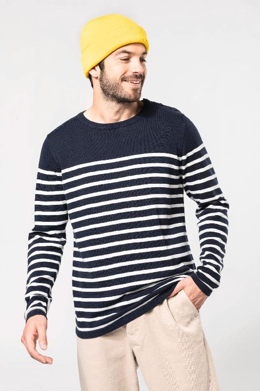 Pull marin homme - Kariban - 100% coton - Réf: K989 - Jauge 12 - Striped Navy / Off White_2