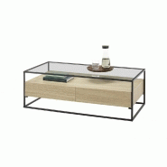 Table basse design Edmonton 120 cm - décor chêne, piètement acier époxy, plateau verre trempé, 2 tiroirs_2