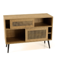 Buffet bas CALINE - 3 niches, 2 portes coulissantes effet cannage, pieds métal noir_2