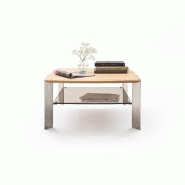 Table basse NEVERS en bois de chêne massif huilé et acier - 80 x 80 cm avec étagère en verre trempé teinté bronze_2
