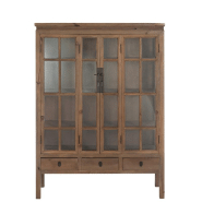 Buffet vaisselier Dara - 2 portes vitrées, 3 tiroirs, bois massif naturel et verre trempé_2