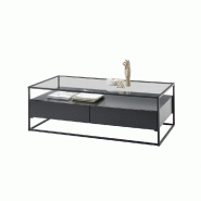 Table basse design Edmonton 120 cm - noir mat, plateau en verre trempé, piètement métal noir, 2 tiroirs_2