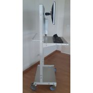 Desserte informatique - hauteur 1650 mm - avec montants perforés, tablette basse, support clavier et écran, rampe électrique, roulettes avec freins_2