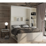 Lit escamotable Lutecia - Blanc mat - Couchage 140 x 190 cm - Colonne bibliothèque intégrée_2
