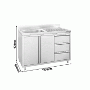 Plonge inox 1 bac à gauche et égouttoir sur placard avec 3 tiroirs - 1200 x 600 mm_2