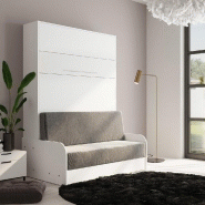 Armoire lit escamotable Kompact Viardo Sofa - canapé accoudoirs blanc mat - tissu gris - couchage 140x200 cm avec sommier à lattes_2