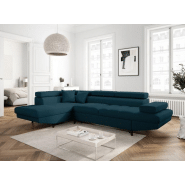 Canapé d'angle méridienne coffre gauche RINO convertible bleu canard - pieds laqués noir - 3 têtières réglables et 2 coussins déco_2