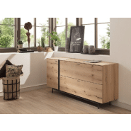 Buffet bas en chêne naturel - 1 porte, 2 tiroirs, design épuré - intérieur anthracite laqué_2