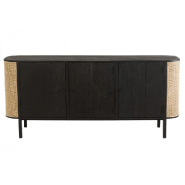 Buffet bas RARY - bois exotique noir et rotin naturel - 3 portes et 3 tablettes de rangement_2