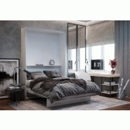 Lit escamotable LOFT blanc - façade gris béton - couchage 140x200 cm avec système vérins à pistons_2