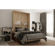 Lit escamotable style industriel KEY SOFA - chêne 140x200 cm - Canapé avec tiroirs et accoudoirs marron_2