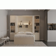 Composition armoire lit escamotable Fidji Sofa - couchage 140x200 avec colonnes de rangements intégrées et canapé blanc cassé_2
