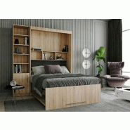 Lit escamotable LUTECIA 140x190 cm en chêne avec rangement bibliothèque intégré - système SEDAC MERAL_2