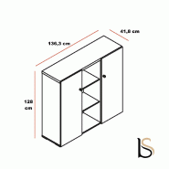 Armoire bibliothèque avec portes battantes brillantes - MDD - Blanc brillant, Sycomore clair_2
