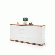 Buffet Charly - 2 portes, 4 tiroirs - Laqué blanc mat - Plateau et socle en chêne massif noueux huilé_2