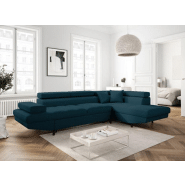 Canapé d'angle méridienne droite RINO - convertible avec coffre - bleu canard - pieds laqués noir - 3 têtières réglables - 2 coussins déco_2