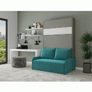 Armoire lit escamotable Bermudes Sofa - Canapé bleu, bandeau blanc - Couchage 140x200 cm_2
