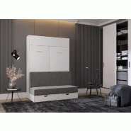 Armoire lit escamotable Dynamo Sofa - canapé avec tiroirs blanc mat et microfibre gris - couchage 140x200 cm_2