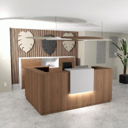 Banque d'accueil d'angle Delta Plus avec réhausse - Mobel Linea - 224, Blanc mat, Gauche, Acacia foncé, Oui_0