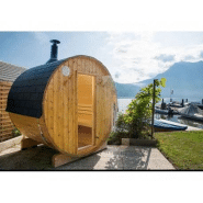 Sauna extérieur Harvia type tonneau avec poêle à bois - 180 cm (L) x 220 cm (diamètre) - 4 personnes - Épicéa 40 mm et acier inoxydable_2