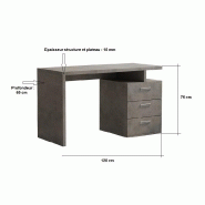 Bureau droit Ruby - 3 tiroirs gris béton - 120 x 60 cm - Design contemporain - Fabrication européenne_2