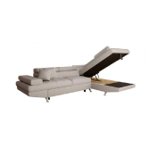 Canapé d'angle convertible méridienne droite RINO beige - pieds métal - avec coffre et têtières réglables_2