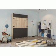 Lit escamotable industriel STUKEY - Chêne et noir mat - 140 x 200 cm avec ferrures décoratives_2