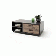 Table basse HALTON 115x45 - décor chêne barrique vieilli et gris cosmos mat - style industriel avec roulettes_2