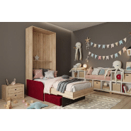 Lit escamotable style industriel KEY SOFA - Canapé rouge avec accoudoirs tissu, tiroirs, couchage 90x200 cm_2