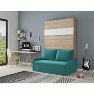 Armoire lit escamotable Bermudes Sofa - Chêne bandeau blanc - Canapé bleu - Couchage 140x200 cm_2