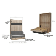 Lit escamotable style industriel KEY  SOFA chêne canapé accoudoirs tissu rouge 140*200 cm_2