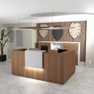 Banque d'accueil d'angle Delta Plus avec réhausse - Mobel Linea - 184, Blanc mat, Droite, Acacia foncé, Oui_0