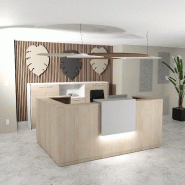 Banque d'accueil d'angle Delta Plus avec réhausse - Mobel Linea - 184, Blanc mat, Gauche, Acacia clair, Oui_2