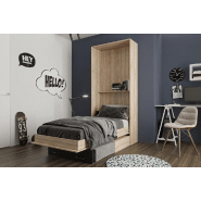 Lit escamotable style industriel KEY SOFA - Chêne naturel - 90x200 cm avec canapé et tiroirs de rangement_2