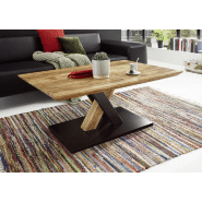 Table basse design Maverick - chêne sauvage acacia, piétement bicolor noir mat/acacia, roulettes intégrées_2
