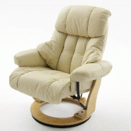 Fauteuil relax CLAIRAC - assise en cuir crème, pied en bois naturel, inclinable à 135° avec repose-pied_2