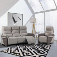 Canapé relax électrique 3 places ZILIA - Microfibre mastic et brun taupé avec têtières ajustables et tablette centrale_2