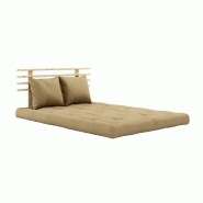 Canapé lit futon Shin Sano beige blé en pin massif - Couchage 140x200 cm avec matelas capitonné et coussins inclus_2