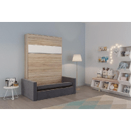 Armoire lit escamotable DJUKE SOFA - Chêne avec bandeau blanc mat - Canapé gris - Couchage 140x200 cm_2