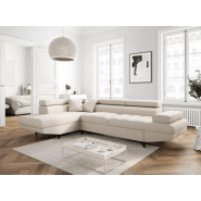 Canapé d'angle méridienne gauche RINO convertible beige avec coffre de rangement - pieds laqués noirs - 3 têtières réglables et 2 coussins déco_2